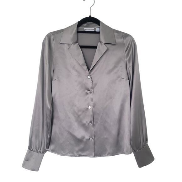 Nordstrom Women's Satin Silk Button Up Blouse Size S Silver Office Preppy Career - Picture 1 of 10